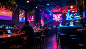 A photograph of a vibrant hillsboro bar featuring an eye-catching led display