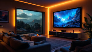 A photograph of a cozy media room featuring a high-quality led projector in use