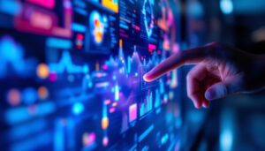 A photograph of a close-up shot of a vibrant touch screen led display in use