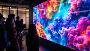 A photograph of capture a photograph of a vibrant samsung led video wall in a modern setting