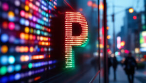 A photograph of a vibrant pixel p logo illuminated on a high-resolution led display