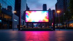 A photograph of a vibrant front-lit led display in an urban setting at dusk