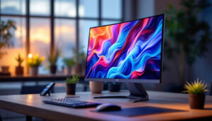 A photograph of capture a photograph of a sleek all-in-one pc with a curved led display in a modern workspace setting
