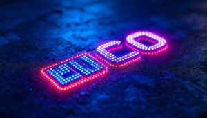 A photograph of a vibrant logo projected onto a textured surface
