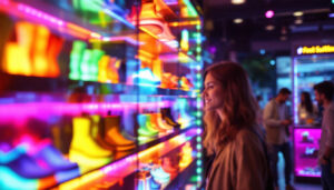 A photograph of capture a photograph of a vibrant led display showcasing foot solutions products in an inviting retail environment