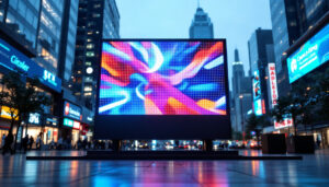 A photograph of a vibrant led display in an urban setting