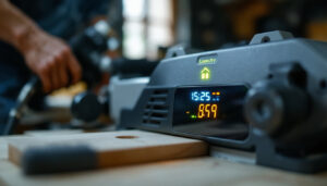 A photograph of a close-up shot of a planer tool with an led display in use