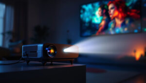 A photograph of a sleek led projector in a dimly lit room