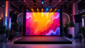 A photograph of a well-lit backdrop stand set up with a vibrant 10x10 led display in a dynamic event setting