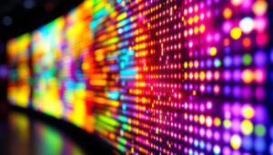 A photograph of a vibrant led display showcasing a colorful image or video