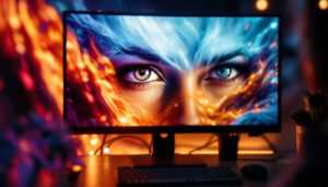 A photograph of a close-up view of a computer monitor displaying a vibrant