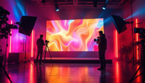 A photograph of a vibrant video shoot studio setup featuring a large led display in action