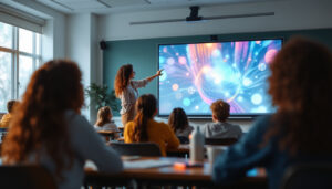 A photograph of a vibrant classroom setting featuring a smart board in use
