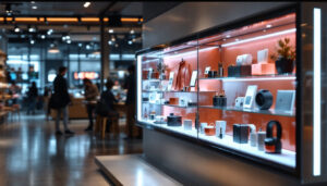 A photograph of a sleek led display cabinet showcasing a variety of products