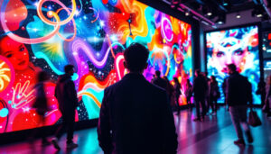 A photograph of a vibrant led display in a commercial setting