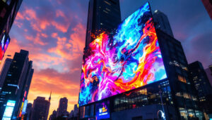 A photograph of a vibrant led display showcasing a visually striking digital image or animation
