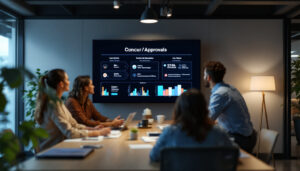 A photograph of a modern office setting featuring a diverse group of professionals engaged in a collaborative discussion around a digital led display