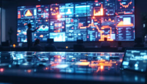 A photograph of a modern control room featuring a large led display in action