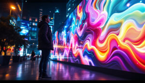 A photograph of a vibrant led display showcasing dynamic artwork in an urban setting