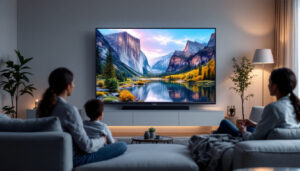 A photograph of capture a photograph of an 86-inch led tv prominently displayed in a stylish living room setting