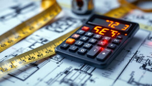 A photograph of a close-up shot of a diagonal calculator displaying feet and inches on its led screen