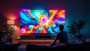A photograph of a vibrant led display showcasing dynamic visuals and colors