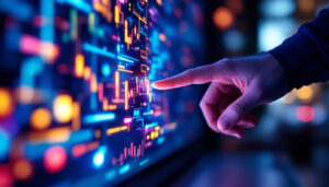 A photograph of a close-up view of a touch screen tv displaying vibrant led graphics