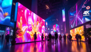 A photograph of a vibrant led display in a dynamic setting