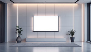 A photograph of a stylish interior featuring wall paneling sheets integrated with a modern led display