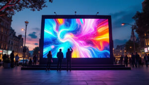 A photograph of a vibrant led outdoor display at dusk