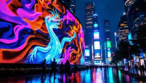 A photograph of a vibrant led display showcasing dynamic visuals in an urban setting