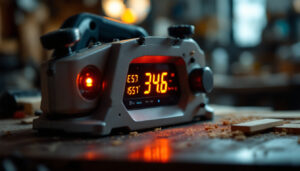A photograph of a close-up shot of a high-quality planer with its led display illuminated