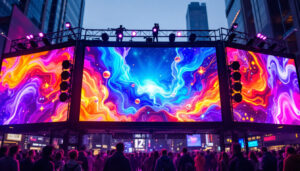 A photograph of a vibrant led display in action