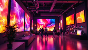 A photograph of a vibrant showroom featuring a variety of led displays in action