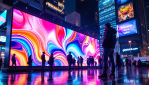 A photograph of a vibrant led display in an urban setting