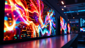 A photograph of a vibrant led display showcasing dynamic visuals