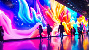 A photograph of a vibrant led display in a public setting