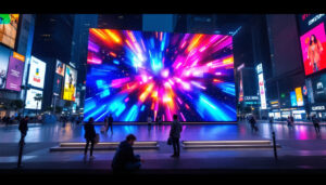 A photograph of a vibrant led display in a dynamic urban setting