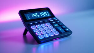 A photograph of capture a photograph of a snap calculator with its led display prominently illuminated