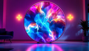 A photograph of capture a photograph of a large round lcd display showcasing vibrant led visuals in an engaging setting