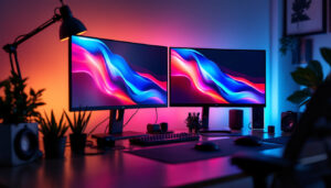 A photograph of a sleek dual monitor stand setup featuring vibrant led displays