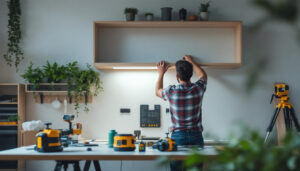 A photograph of a well-organized workspace featuring a person skillfully hanging a wall cabinet