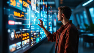A photograph of a modern touch light wall featuring vibrant led displays