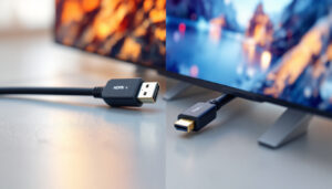 A photograph of a side-by-side comparison of a displayport 1.4 and hdmi 2.0 cable connected to an led display