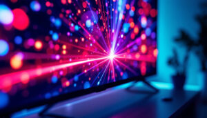 A photograph of a laser pointer aimed at a tv screen displaying vibrant led visuals
