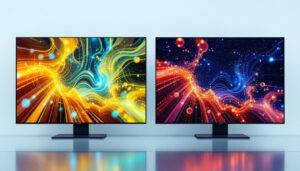 A photograph of a side-by-side comparison of microled and mini led displays