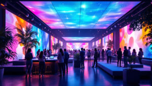 A photograph of an engaging indoor and outdoor event space featuring vibrant led displays