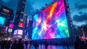 A photograph of a vibrant led display in a bustling urban setting