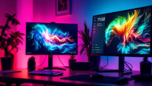 A photograph of a dual-monitor setup featuring a vibrant led display