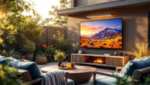 A photograph of a stylish outdoor tv setup in a backyard or patio